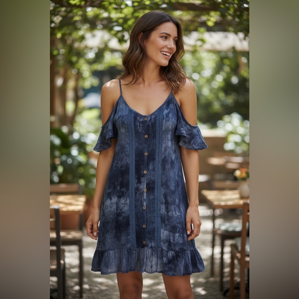 Exist Cold Shoulder Gray/Blue Tye Dye Dress